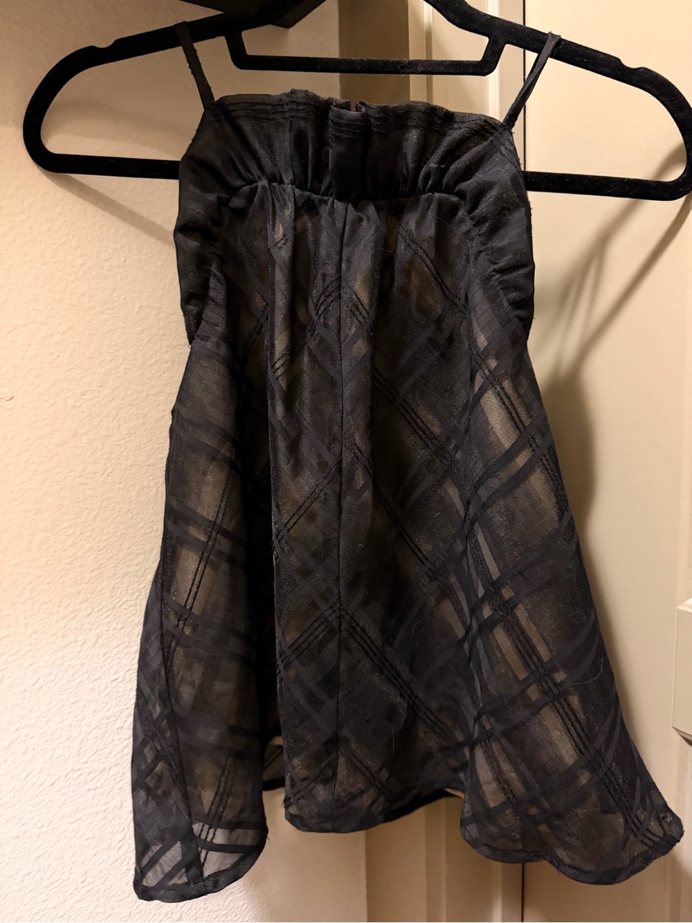 Black Plaid Sheer Overlay Ruffle Halter Tank - Picture 1 of 6